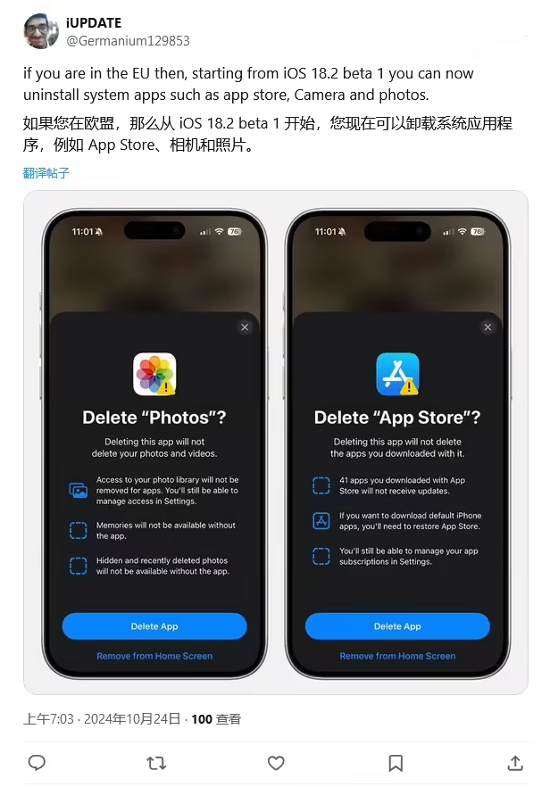 宁陵苹果手机维修分享iOS 18.2 支持删除 App Store 应用商店 